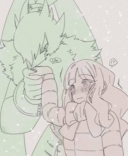 anthro blush duo female hair interrobang kiss_on_hand kissing long_ears long_hair male harb_moffumofu bandai_namco digimon digimon_ghost_game ruri_tsukiyono digimon_(species) human mammal symbareangoramon hi_res