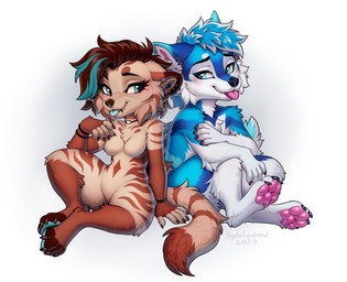 4_toes 5_fingers anthro arm_markings arm_tuft biped blep blush blush_lines breasts cheek_tuft chest_markings chest_tuft choker choker_only claws countershade_arms countershade_face countershade_fur countershade_legs countershade_neck countershade_tail countershade_torso countershading cute_fangs diamond_(marking) digitigrade dipstick_ears dipstick_tail duo ear_markings elbow_tuft eyebrows eyelashes facial_markings facial_tuft fangs featureless_breasts featureless_crotch feet feet_together female female_anthro finger_claws fingerless_(marking) fingerpads fingers forehead_markings front_view fur fur_markings fur_tuft gradient_background hair head_markings highlights_(coloring) hindpaw hip_markings humanoid_hands inner_ear_fluff iris jewelry knee_tuft leg_markings leg_tuft long_tail looking_aside male male_anthro markings multicolored_body multicolored_ears multicolored_fur navel navel_markings necklace necklace_only nude nude_anthro nude_female nude_male one_fang pawpads paws piercing pupils short_hair shoulder_markings shoulder_tuft simple_background sitting small_breasts smile spread_legs spreading striped_body striped_fur striped_markings striped_tail stripes tail tail_markings teeth text toe_claws toeless_(marking) toes tongue tongue_out tuft kyotoleopard felid feline mammal 2026 absurd_res artist_name dated digital_drawing_(artwork) digital_media_(artwork) hi_res