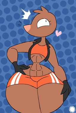 abs anthro bottomwear brown_body brown_fur clothing crop_top curvy_figure emanata eyelashes femboy flash_emanata fur gloves halftone_background hand_on_hip handwear head_tuft heart_symbol jacket logo male midriff pattern_background shirt shorts simple_background small_waist solo text thick_thighs topwear tuft whiskers wide_hips thatdawgmurray evan_laveldivan eulipotyphlan mammal mole_(animal) aliasing artist_logo artist_name digital_media_(artwork) halftone hi_res signature