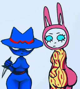 anthro belt big_butt blue_body blue_eyes breasts bunny_costume butt butt_focus clothing costume dagger duo female hat headgear headwear looking_back melee_weapon mostly_nude rear_view small_breasts small_waist thick_thighs tight_clothing toony weapon hash-slime domestic_cat felid feline felis humanoid lagomorph leporid mammal rabbit