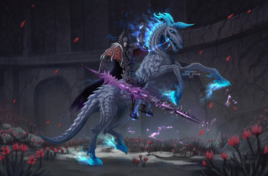 ambiguous_feral ambiguous_gender armor blue_eyes clothed clothing duo feral flower grey_body grey_tail holding_melee_weapon holding_object holding_polearm holding_spear holding_weapon male male_humanoid melee_weapon membrane_(anatomy) membranous_wings open_mouth plant polearm purple_eyes red_flower riding sharp_teeth side_view spear tail teeth weapon wings santanahoffman humanoid 2025 dated hi_res