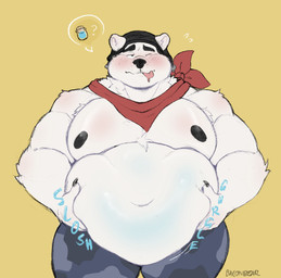 anthro belly belly_grab big_belly big_cheeks black_nipples blep blush bottomwear camo camo_bottomwear camo_clothing camo_pants camo_print chubby_cheeks clothing fur hand_on_belly headgear holding_stomach kerchief love_handles male musclegut muscular muscular_anthro muscular_male navel neckerchief neckwear nipples one_eye_closed overweight overweight_anthro overweight_male pants pattern_bottomwear pattern_clothing pattern_pants pecs pink_tongue red_kerchief red_neckerchief rumbling_stomach shield_potion simple_background sloshing_belly solo speech_bubble text thick_thighs tongue tongue_out white_body white_fur yellow_background baconbearart epic_games fortnite polar_patroller bear mammal polar_bear ursine english_text hi_res