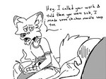 1-bit anthro bottomwear bowl clothing container dialogue duo gloves handwear ill male male/male narrowed_eyes open_mouth pants shirt sitting steam talking_to_another text topwear sketchytoasty anon conner_(sketchytoasty) canid canine canis human mammal wolf english_text monochrome sketch