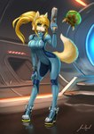 alternate_species anthro anthrofied arched_back bent_arm blaster blonde_hair blue_bodysuit blue_clothing blue_skinsuit bodysuit breasts clothing duo extended_arm female footwear fur furrification futuristic gun hair hand_on_knee hand_on_leg hand_on_own_knee hand_on_own_leg hand_on_own_thigh hand_on_thigh head_turned high_heels holding_knee holding_leg holding_object holding_thigh holding_weapon latex latex_clothing latex_skinsuit leaning leaning_forward leaning_on_self left-handed light looking_at_viewer pose raised_arm raised_hand ranged_weapon rubber_clothing science_fiction shoes skinsuit straight_legs teeth tight_clothing translucent translucent_body weapon zero_suit jecbrush metroid nintendo fox_samus_aran samus_aran alien canid canine fox mammal metroid_(species) absurd_res digital_media_(artwork) digital_painting_(artwork) hi_res lighting pinup signature smaller_version_at_source