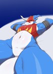 anthro bed biped blue_background blue_body blue_horn blue_skin bottomless bottomless_anthro bottomless_male cheek_spikes clothed clothing crop_top facial_spikes featureless_crotch foreshortening front_view furniture glistening glistening_body glistening_skin horn kemono looking_at_viewer lying male male_anthro mask monotone_tail multicolored_body multicolored_skin muscular muscular_anthro muscular_male navel null on_back on_bed pecs perspective red_clothing red_crop_top red_eyes red_shirt red_topwear shirt simple_background snout solo spikes spikes_(anatomy) tail thick_thighs tight_clothing tight_shirt tight_topwear topwear two_tone_body two_tone_skin white_body white_horn white_skin white_tail drahati7 bandai_namco digimon digimon_(species) flamedramon scalie 2024 colored digital_media_(artwork) hi_res portrait shaded three-quarter_portrait