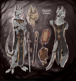 anthro armor biped claws furgonomics hair headgear helmet horn lore male melee_weapon scabbard solo sword tail tail_armor tan_body text weapon white_hair yellow_eyes kredri wretched_sun yaraga 2024 colored english_text hi_res story story_in_description