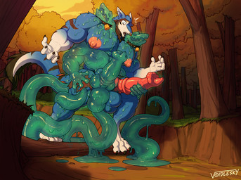 1anthro additional_body_parts animal_genitalia animal_penis anthro areola balls bell bell_collar big_areola big_penis black_body black_fur black_markings blue_body blue_eyes blue_fur blue_tail body_covered body_growth clothing collar covered_in_slime dipstick_tail ear_piercing ear_ring equine_genitalia equine_penis facial_piercing fallen_tree forest forest_background fur genital_growth genitals gold_(metal) gold_ear_ring gold_jewelry gold_piercing golden_piercing golden_piercings goo_transformation growing growing_out_of_clothes growth growth_sequence hairy_tail hand_on_penis jewelry knot knotted_penis male male_anthro markings muscle_growth muscular muscular_anthro muscular_male nature nature_background nipple_piercing nipples nipples_piercings nose_piercing nose_ring pendant penis penis_growth penis_growth_(development) piercing plant red_penis ring_piercing road shocked shocked_look shocked_male sky slime slime_(substance) slime_balls slime_hands slime_penis slime_tentacle slime_tentacles spiked_collar spikes sunset tail tail_markings tentacle_around_leg tentacles torn_clothing trail transformation tree white_body white_fur white_tail_tip yellow_leaves yellow_sky voidlesky thurui goo_creature humanoid sergal hi_res watermark