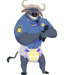 anthro biped black_body blue_clothing blush brown_eyes clean_diaper clothed clothing diaper horn male police police_officer police_uniform simple_background smile solo teeth text uniform wearing_diaper white_background daire301 disney zootopia chief_bogo bovid bovine cape_buffalo mammal 2021 digital_media_(artwork) english_text