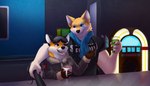 armor belt beverage blue_eyes claws clothing coffee digitigrade duo eyewear fur fur_markings goggles male male/male markings orange_body orange_fur tan_body tan_fur unconvincing_armor weapon zakuto dazed_(saltysteakk) iskal_(an_actual_fox) canid canine canis dingo fox mammal absurd_res hi_res