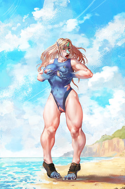 5_toes anthro beach big_breasts blonde_hair breasts clothing detailed_background feet female genitals hair hands_on_own_breasts human_to_anthro long_hair mid_transformation muscular muscular_female navel_outline outside solo species_transformation swimwear toes tongue tongue_out torn_clothing torn_shoes torn_swimwear transformation vulva water sidj-6 mythology shandis dragon equid equine kirin mammal monster mythological_creature mythological_scalie scalie full-length_portrait hi_res portrait