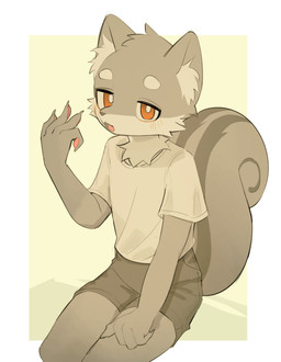 anthro biped blush blush_lines bottomwear cheek_tuft claws clothed clothed_anthro clothed_male clothing curled_tail facial_tuft finger_claws fingerpads fur geometric_background half-closed_eyes inner_ear_fluff male male_anthro narrowed_eyes pawpads shorts simple_background sitting solo tail three-quarter_view tuft young young_anthro young_male seuppi mammal rodent sciurid tree_squirrel 2026 absurd_res digital_media_(artwork) hi_res