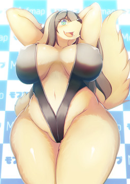 anthro big_breasts bikini black_nose blue_eyes breasts checkered checkered_background clothed clothing curvy_figure cute_fangs fangs female fur hair hair_over_eye hands_behind_head huge_breasts kemono long_hair looking_at_viewer nipple_outline one-piece_swimsuit one_eye_obstructed open_mouth pattern_background simple_background sling_bikini smile solo standing swimwear tan_body tan_fur teeth thick_thighs two-piece_swimsuit voluptuous wide_hips shirokoma canid canine canis domestic_dog mammal