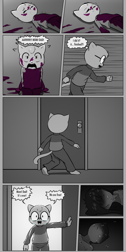 anthro barefoot bedroom blood bodily_fluids city city_background clothing corpse crying darkness day death door eyewear feet female glasses group happy male sad shota sleeping speech_bubble tears tears_of_joy trio window_curtains young e254e tom_(e254e) arthropod domestic_cat felid feline felis fly_(animal) insect mammal absurd_res comic hi_res