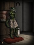 alcohol anthro beverage blue_eyes bulge green_body long_tail male muscular muscular_male scar solo tail text towel towel_around_waist towel_only mack_reinhardt_(artist) mack_reinhardt komodo_dragon lizard monitor_lizard reptile scalie absurd_res english_text hi_res huge_filesize