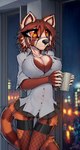 5_fingers anthro beverage big_breasts bottomwear breasts building button_down_shirt city cityscape cleavage clothed clothing coffee coffee_mug collared_shirt detailed_background eyewear female fingers fishnet_clothing fishnet_legwear fur garter_straps glasses hair holding_beverage holding_object legwear long_tail miniskirt night orange_body orange_eyes orange_fur out_of_focus raining red_body red_fur red_hair short_hair skinny_female skirt skyscraper slim solo tail tail_under_skirt tight_clothing white_body white_fur macmegagerc arleana ailurid mammal red_panda hi_res