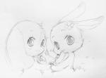 daww duo female gesture hand_gesture long_ears looking_at_viewer pointing pose shamrock smile sayuri_tatsuyama_(artist) happy_happy_clover sayuri_tatsuyama clover_(happy_happy_clover) mallow_(happy_happy_clover) domestic_rabbit lagomorph leporid lop_rabbit mammal oryctolagus rabbit 2017 monochrome official_art sketch