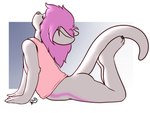 2018 anthro arched_back avogadrotoast blue_background border bottomless butt canid canine claws clothed clothing eyes_closed female fox fur gradient grey_body grey_fur grey_nose grey_tail hair hybrid lying mammal markings mustelid on_front otter pink_clothing pink_hair pink_shirt pink_tank_top pink_topwear purple_body purple_fur purple_hair purple_markings pyravia shirt side_view simple_background slim_anthro slim_female snout solo stretching tail tank_top toe_claws topwear white_border