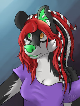 anthro black_body black_fur clothed clothing dreadlocks ear_piercing female fur glowing hair heterochromia piercing red_hair solo white_body white_fur zombikiss zombi_(zombikiss) canid canine canis domestic_dog husky mammal nordic_sled_dog spitz 3:4 hi_res