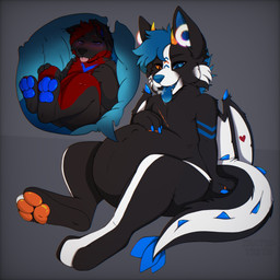 abdominal_bulge anthro belly blue_claws blue_eyes blue_hair blue_insides blue_internal blue_paws blue_tongue blush bodily_fluids claws duo feet fur grey_body grey_fur hair hand_on_belly male male/male mischievous open_mouth oral_vore orange_eyes orange_paws red_body red_fur red_hair saliva shy simple_background size_difference smile soft_vore speaker_ears tail teeth tongue unusual_insides vore white_body white_fur wings x-ray_view xratedt33th mythology kitsuna_furry lajetof canid canine canis dragon fox hybrid mammal mythological_creature mythological_scalie scalie wolf 1:1 2025 absurd_res colored digital_media_(artwork) hi_res shaded signature