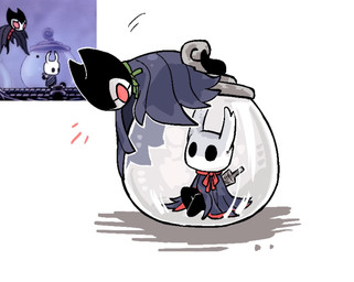 2_horns ambiguous_gender biped black_body black_eyes cloak clothed clothing container duo empty_eyes horn in_container in_jar jar looking_at_another melee_weapon nail_(weapon) red_eyes sitting weapon weapon_on_back aaasakawa hollow_knight_(franchise) team_cherry grimmchild_(hollow_knight) the_knight_(hollow_knight) arthropod vessel_(species) 2026 hi_res