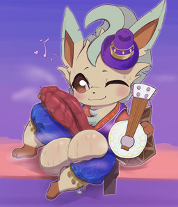 balls big_balls big_penis bodily_fluids clothing feral genitals hat headgear headwear holding_penis holowear_(pokemon) lute male musical_instrument musk musk_cloud penis plucked_string_instrument simple_background solo string_instrument sweat sweaty_balls sweaty_genitalia .f_9578 nintendo pokemon pokemon_unite wanderer_style_leafeon eeveelution generation_4_pokemon leafeon pokemon_(species) absurd_res hi_res