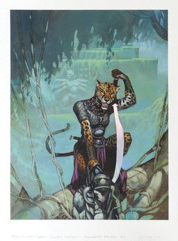 anthro armor breasts crouching detailed_background duo female forest headgear helmet holding_character holding_melee_weapon holding_object holding_sword holding_weapon horn jewelry jungle looking_at_viewer male markings melee_weapon open_mouth pendant plant sculpture spots spotted_body statue sword tail text tree vines weapon dermot_power hasbro magic:_the_gathering wizards_of_the_coast mirri_cat_warrior felid humanoid leopard mammal pantherine 1997 absurd_res cover english_text hi_res magazine_cover official_art traditional_media_(artwork)