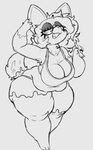 anthro belly big_breasts big_butt breasts butt cutlery female fork huge_breasts huge_butt huge_thighs hyper hyper_butt hyper_thighs kitchen_utensils solo thick_thighs tools dawrklawst absurd_res black_and_white character_request hi_res line_art monochrome