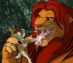 anthro bodily_fluids drooling duo erection fangs fur genitals hair imminent_vore male male_pred male_prey micro orange_body orange_fur penis red_hair saliva saliva_string sharp_teeth size_difference teeth tongue tongue_out vore algaroo disney the_lion_king mufasa canid canine canis domestic_dog felid lion mammal pantherine