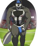 anthro big_pecs blue_baseball_cap blue_bottomwear blue_clothing blue_shorts bottomwear bulge clothed clothing detailed_bulge facial_hair football_field fur genital_outline grey_body grey_fur hat headgear headwear looking_at_viewer male muscular muscular_anthro muscular_arms muscular_legs muscular_male nipples pecs penis_outline pink_nipples shorts solo text text_on_clothing text_on_hat text_on_headwear topless topless_male whistle_(object) yellow_eyes zawn coach_mika canid canine canis mammal wolf 2020 english_text hi_res portrait signature three-quarter_portrait