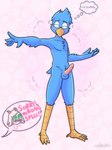 anthro balls beak blue_body blush embarrassed eyewear feathers feet genitals glasses horn magic magic_user male nude penis pink_horn simple_background solo talons text toes solarlewds deltarune undertale_(series) berdly ralsei avian bird bluebird oscine passerine thrush_(bird) digital_media_(artwork) english_text hi_res