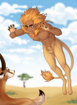 abs animal_genitalia anthro athletic athletic_male balls dark_body dark_skin duo eyebrows feral fully_sheathed genitals humanoid_face humanoid_pointy_ears hunting male open_mouth pecs pointy_ears predator/prey sheath solo tail tail_tuft thick_eyebrows tuft chopa gorbitu lomibu absurd_res hi_res