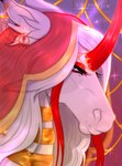 black_sclera blonde_hair ears_back equid equine female feral hair hi_res horn huskii-s looking_at_viewer mammal mouth_closed multicolored_hair mythological_creature mythological_equine mythology narrowed_eyes pivoted_ears red_hair red_horn side_view signature solo unicorn white_body white_eyes white_hair