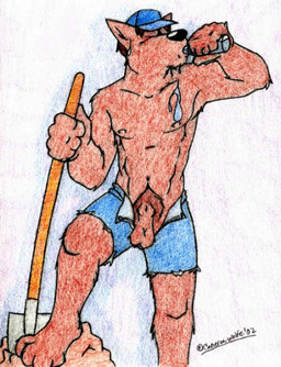 anthro balls clothing drinking hat headgear headwear holding_object holding_tool male shovel solo tools water worker working cameronwolfe canid canine canis mammal wolf 2002 crayon_(artwork) mixed_media pen_(artwork) traditional_media_(artwork)