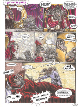 ambiguous_gender anthro dialogue dream elderly elderly_intersex furniture gown group happy humor inside multi_limb ornate_furniture renaissance_clothing speech_bubble text trio skekla_(artist) the_dark_crystal skekla_the_illustrator skeksil_the_chamberlain skekung_the_garthim_master alien skeksis 2015 comic english_description english_text hi_res signature