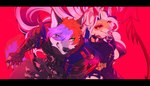 action_pose anthro armor black_bars clothed clothing collar duo fangs female hair jacket lipstick long_hair makeup male pose red_background simple_background skimpy spiked_collar spikes teeth topwear nyushi canid canine canis felid leopard mammal pantherine wolf hi_res letterbox