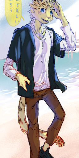clothing ear_piercing holidays horizon laugh looking_at_viewer male piercing seaside sky solo text lee082176180909 felid humanoid leopard mammal pantherine absurd_res hi_res japanese_text