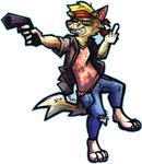 anthro barefoot claws clothed clothing eyewear feet fur gesture gun hair hand_gesture handgun holding_gun holding_object holding_ranged_weapon holding_weapon male middle_finger paws ranged_weapon simple_background smile solo standing sunglasses tail teeth topwear weapon white_background blackstatic1 quinn_(zrcalo) canid canine canis mammal 2021 digital_media_(artwork) hi_res