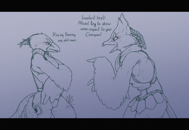 angry anthro armor bottomless braided_hair clothed clothing dialogue duo feathers gesture hair hand_gesture male pointing pointing_at_another simple_background suspenders tail tail_feathers text geno28 asian_mythology breath_of_the_wild east_asian_mythology mythology nintendo the_legend_of_zelda flint_feng_(geno28) revali avian humanoid mythological_avian mythological_bird mythological_creature mythological_fenghuang mythological_firebird rito 2022 digital_drawing_(artwork) digital_media_(artwork) english_text hi_res letterbox watermark