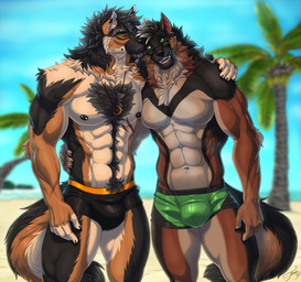 5_fingers abs anthro anthro_on_anthro areola arm_tuft barbell_piercing beard biceps biped body_hair brown_body brown_fur brown_hair bulge chest_hair chest_tuft claws clothed clothed_anthro clothed_male clothing deltoids duo ear_piercing elbow_tuft eye_scar eyewear facial_hair facial_scar facial_tuft fingers forearm_muscles fur hair happy_trail humanoid_hands kissing male male/male male_anthro multicolored_body multicolored_fur muscular muscular_anthro muscular_male nipple_barbell nipple_piercing nipples obliques pecs piercing pube_peek pubes quads scar shoulder_tuft speedo standing sunglasses swimming_trunks swimwear topless topless_anthro topless_male triceps tuft v-cut feralise hunter_(zayne.) zayne_kingsley canid canine canis domestic_dog german_shepherd herding_dog mammal pastoral_dog 2026 hi_res