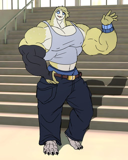 anthro belt biceps big_muscles blue_eyes bracelet clothing countershading feathers feet gesture head_tuft huge_muscles jewelry male midriff muscular muscular_arms pecs shirt solo stairs tank_top toes topwear tuft underwear waving parttimeyeen jovin_(parttimeyeen) avian bird owl absurd_res character_request hi_res