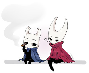 black_arms black_body black_legs blue_cape blue_clothing cape cape_only cigar cloak clothed clothing duo holding_cigar holding_object mostly_nude question_mark red_cloak red_clothing sitting smoke smoking white_head firingwolf hollow_knight_(franchise) team_cherry hornet_(hollow_knight) the_knight_(hollow_knight) arthropod vessel_(species) hi_res signature