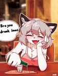 alcohol anthro beverage blush breasts cleavage clothed clothing cute_fangs dialogue drunk eyes_closed fangs female female_anthro fur grey_hair hair holding_object kemono off_shoulder open_mouth solo speech_bubble substance_intoxication talking_to_viewer teeth text tongue white_body white_fur kloe_mone mammal mustelid musteline stoat true_musteline weasel 2025 absurd_res digital_media_(artwork) english_text hi_res