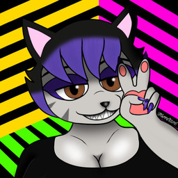 anthro black_clothing black_hair breasts brown_eyes cleavage clothed clothing colored_nails eyeshadow female front_view fur gesture hair hand_gesture highlights_(coloring) makeup nails paws sharp_teeth shirt smile solo stripes t-shirt teeth topwear v_sign umjammerboomer domestic_cat felid feline felis humanoid mammal 1:1