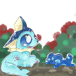 3_fingers ambiguous_gender blue_body blue_eyes dark dark_sclera dirt duo eyes_closed fin fingers glistening glistening_body glistening_eyes grass head_fin lying on_front open_mouth outside pawpads plant sitting size_difference star_eyes tail craoluck nintendo pokemon eeveelution gecqua generation_10_pokemon generation_1_pokemon pokemon_(species) vaporeon hi_res