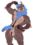 abs anthro areola ball_tuft balls biceps big_penis biped blue_body blue_fur blue_mane blue_penis body_hair brown_body brown_fur eyebrows flexing flexing_bicep foreskin fur genitals glans half-erect hand_on_hip happy_trail humanoid_genitalia humanoid_penis hybrid_genitalia hybrid_penis long_penis male mane medial_ring medial_ringed_humanoid_penis medial_ringed_hybrid_penis muscular muscular_anthro muscular_male muscular_thighs nipples partially_retracted_foreskin pecs penis pose pubes quads serratus simple_background smile solo standing tan_body tan_fur thick_thighs tuft whiskers white_background shepherdart daelin felid feline lynx mammal 2022 absurd_res digital_media_(artwork) hi_res pinup portrait three-quarter_portrait