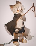 anthro ball_and_chain band-aid bandage barefoot bound cloak clothed clothing collar feet heterochromia male nipples partially_clothed prisoner scar solo standing tail young young_anthro young_male cloudcat canid canine mammal 2023 full-length_portrait hi_res portrait