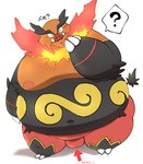 2023 absurd_res anthro balls belly big_belly black_body blush emboar generation_5_pokemon genitals hi_res japanese_text kemono male moobs namabito nintendo nipples obese obese_male orange_body overweight overweight_male pokemon pokemon_(species) question_mark red_body simple_background solo text
