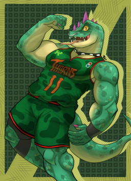 anthro basketball_uniform bottomwear claws clothed clothing collar facial_piercing flexing flexing_bicep green_body green_bottomwear green_clothing green_scales green_shirt green_shorts green_topwear head_spikes legwear male muscular muscular_anthro muscular_male neck_piercing nose_piercing piercing purple_spikes scales shirt shorts solo spikes spikes_(anatomy) sportswear studded_collar studs tail tongue tongue_out tongue_piercing topwear uniform yellow_sclera toodshoods goat_(movie) sony_corporation sony_pictures under_armour modo_olachenko komodo_dragon lizard monitor_lizard reptile scalie 2026 digital_media_(artwork) hi_res