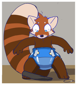 age_regression anthro bed bedroom big_tail blue_eyes bottomwear bottomwear_down clean_diaper clothed clothing diaper distressed exposed_diaper eyewear fur furniture glasses groggy inside looking_at_diaper looking_down male markings orange_body orange_fur oversized_clothing pants pants_down partially_clothed paws solo standing striped_markings striped_tail stripes tail tail_markings walking white_body white_fur wide_eyed tropojet ailurid mammal red_panda comic hi_res