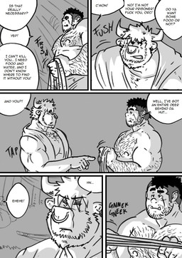 clothed clothing dialogue eyebrows facial_piercing fangs hairy holding_object horn male male/male muscular nipples nose_piercing nose_ring piercing profanity ring_piercing rope teeth text thick_eyebrows topless husky92 european_mythology greek_mythology mythology bovid bovine humanoid mammal minotaur orc comic english_text greyscale hi_res monochrome multiple_scenes
